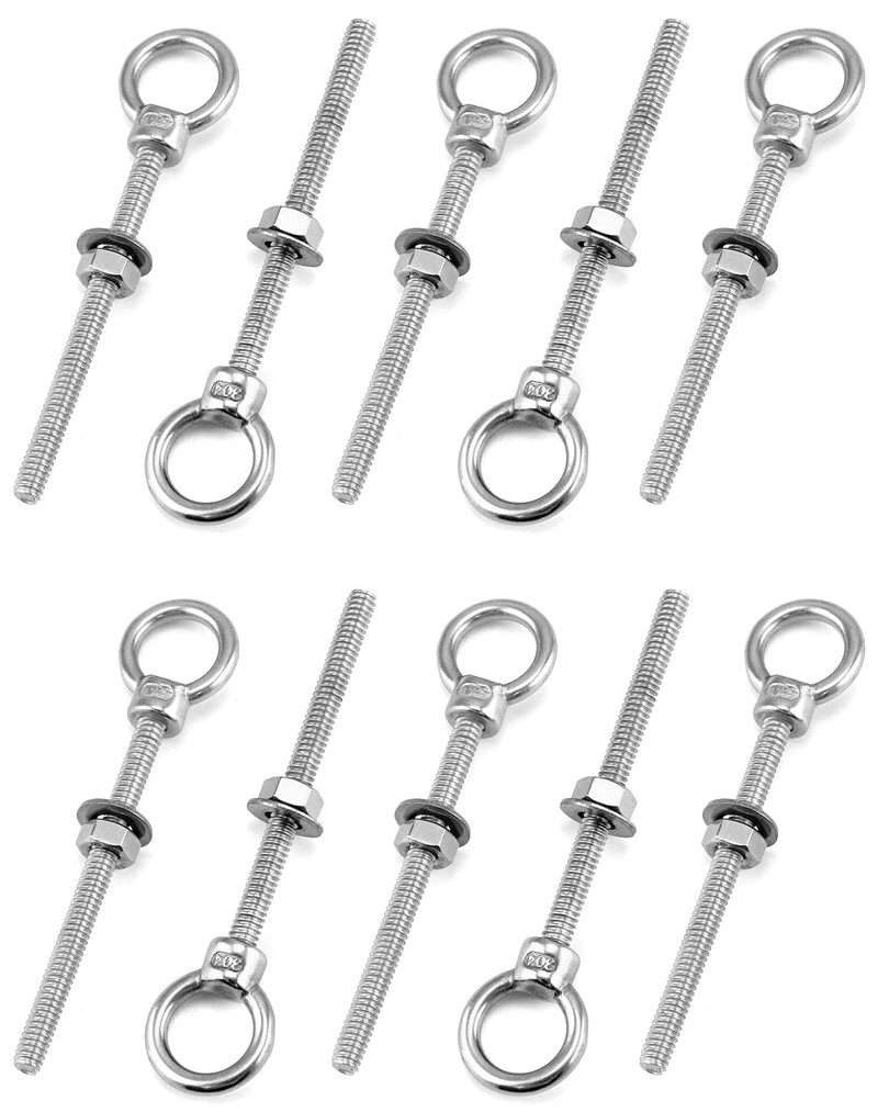 QWORK 10 Pack Eye Bolt, T316 Stainless Steel Marine Grade Threaded Eyebolts, 1/4"x3" Lifting Ring Threaded Eyebolts with Nuts Washers 1/4" x 3"