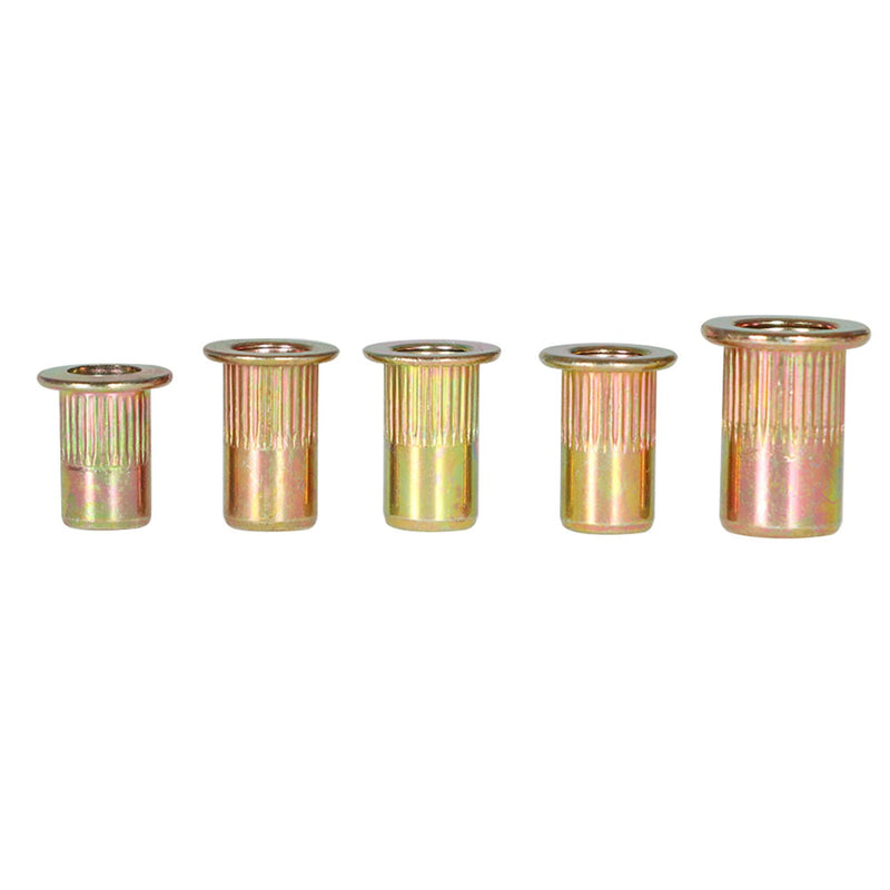 150Pcs Rivet Nuts SAE (1/4-20 10-32 10-24 8-32 6-32) Rivet Nut Assortment Kit Carbon Steel Flat Head Threaded Insert Nutserts 1/4-20 10-32 10-24 8-32 6-32