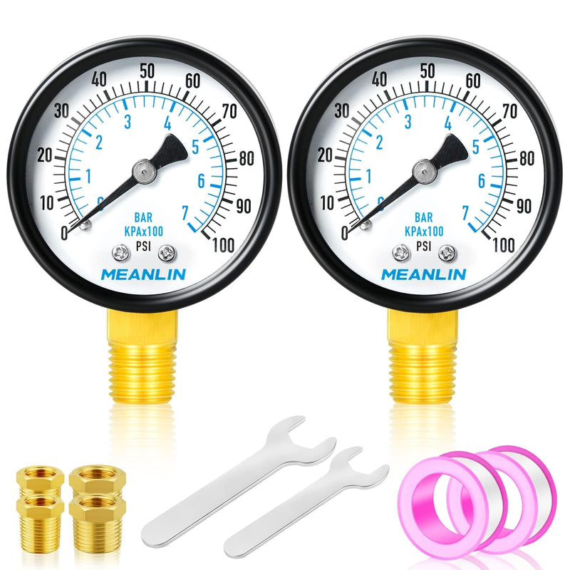 MEANLIN MEASURE 0-100Psi 2" DIAL FACE 1/4" NPT Well Pump Pressure Gauge, with 1/2" NPT and 3/8" NPT Hex Bushing, 3-2-3% Accuracy, Lower Mount (Pack of 2) 0-100Psi/2PCS 1/4"NPT Lower Mount