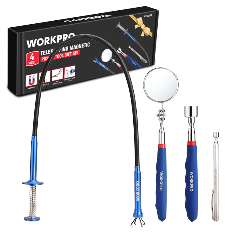 WORKPRO 4PC Telescoping Magnetic Pick Up Tool Kit, Includes Telescoping Inspection Mirror, 2PC Magnetic Pick Up Tool And Four Claw Grabber Tool, Pick Up Grab Tool Set For Auto Repair