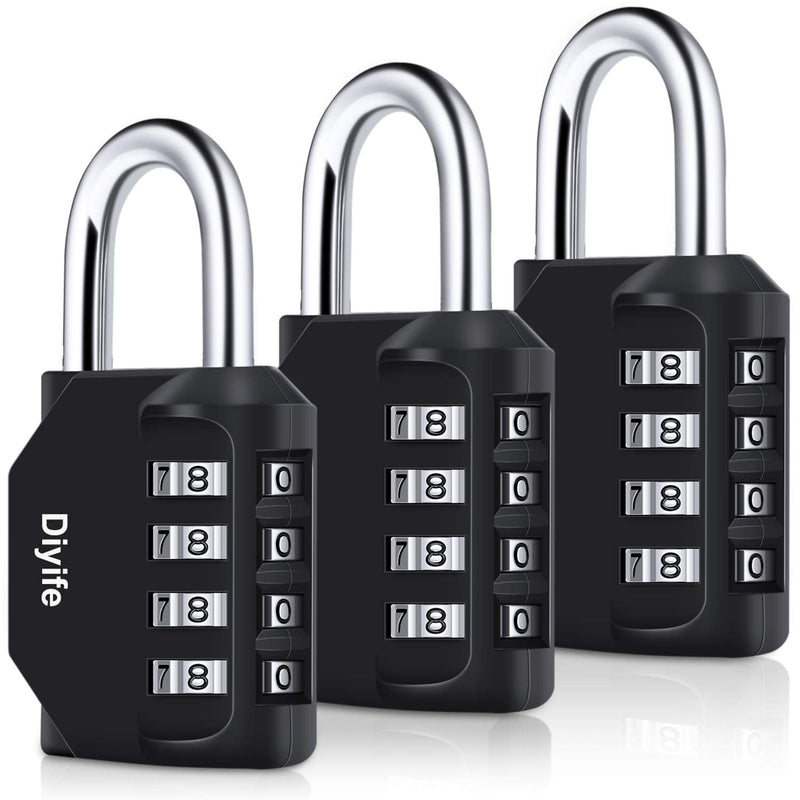 3 Pack Combination Padlock Outdoor, Diyife 4 Digit Combination Lock Waterproof, Metal and Plated Steel Combination Clasp, for Fence, School, Sports Locker, Gym (Black) Black, 3 Pack