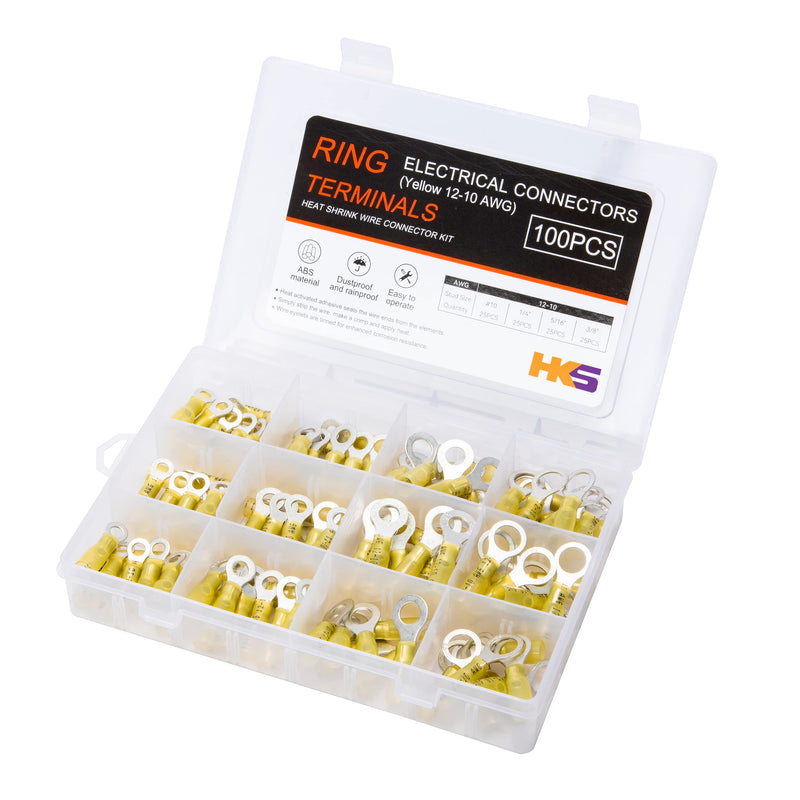 HKS 100PCS Heat Shrink Ring Terminals -Yellow 12-10 AWG - Tinned Red Copper 1.0mm 4 Sizes #10,1/4",5/16",3/8" - Marine Electrical Wire Connector Kit - Waterproof and Insulated Crimp Terminals Set Yellow Ring Terminal