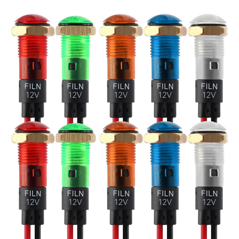 10Pcs 8mm(5/16'') 12v led Indicator Light Pilot Signal lamp with Mini 24V watarproof red Green Bule Yelow White Panel Lights (8MM, Red+Green+Blue+White+Yellow) 12V-24V Red+Green+Yellow+Blue+White