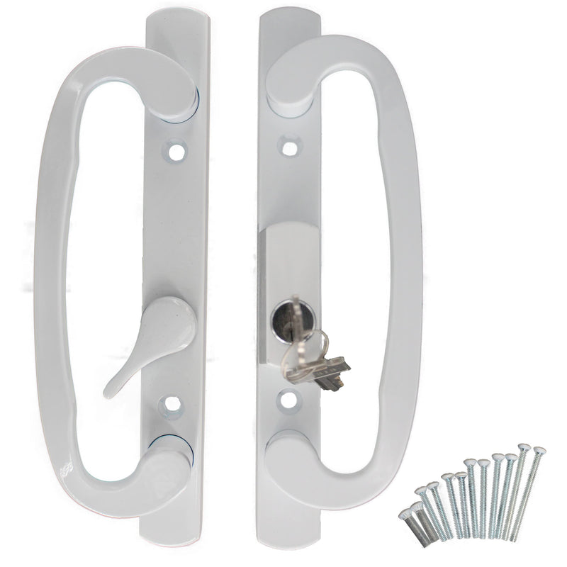 Patio Door Handle 3-15/16 Inch(10cm) Hole spacing（Right and Left Handed White Sliding Door Handle Set Mortise Style, keyed（Offset Position） offset position