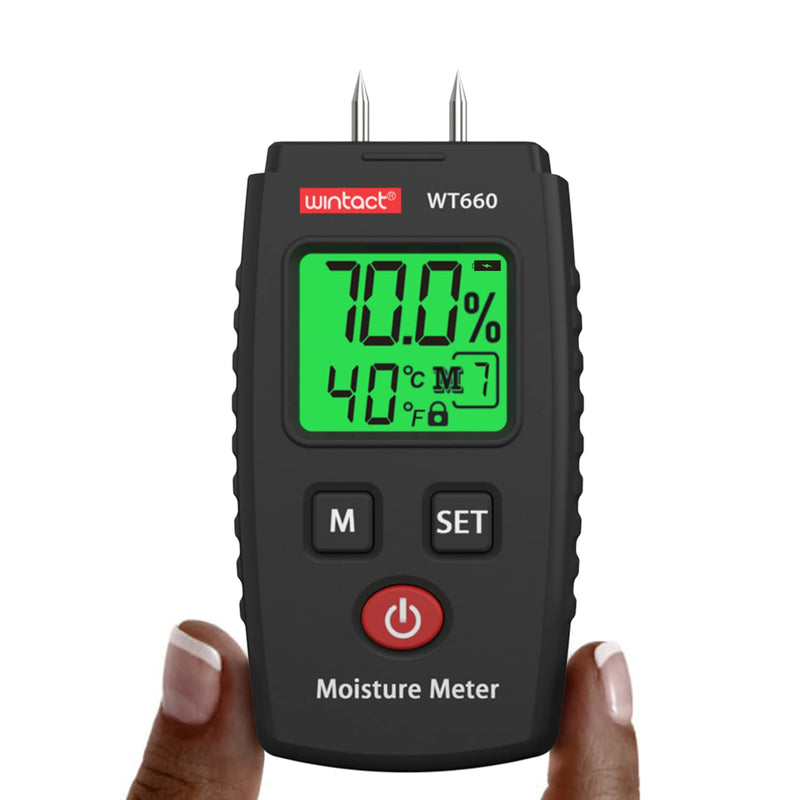 Wintact Pocket Wood Moisture Meter, Pin Type Water Leak Detector, Digital Moisture Tester for Lumber, Firewood, Walls, Drywall, Paper, Brick, Concrete Building Material Black