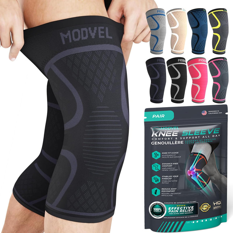 Modvel Compression Knee Brace for Women & Men - 2 Pack Knee Brace for Women Running Knee Pain, Knee Support Compression Sleeve, Workout Sports Knee Braces for Meniscus Tear ACL & Arthritis Pain Relief Medium Black/Grey - Best Seller