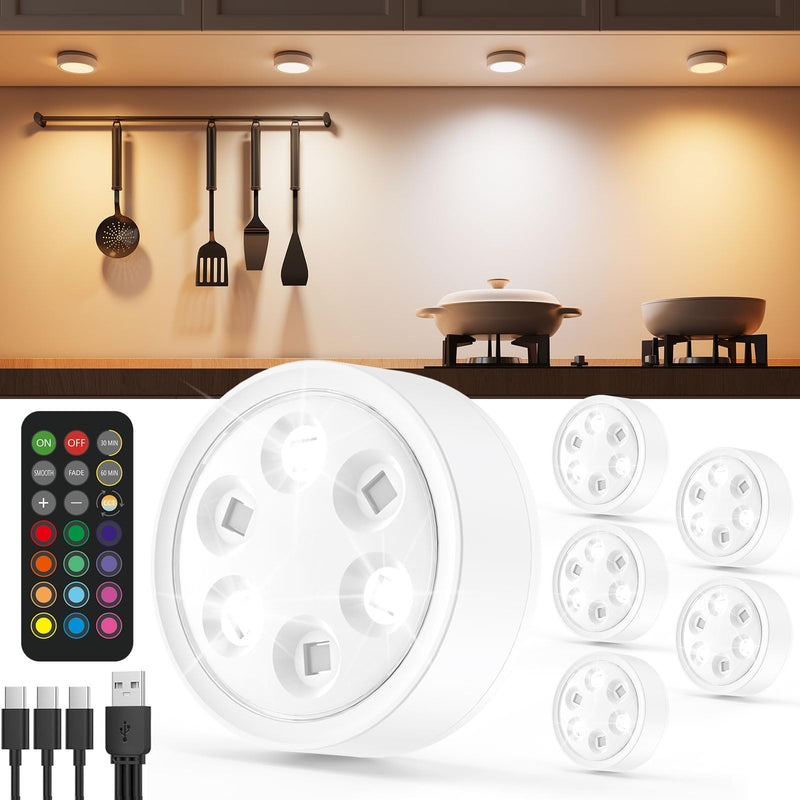Rechargeable Puck Lights with Remote Control, 2400mAh Battery Powered LED Tap Light Push Lights Stick On for Closet USB Display Shelf Light Magnetic Under Cabinet Press Button Lighting for Classroom 3000K/4500K/6000K 6 Pcs