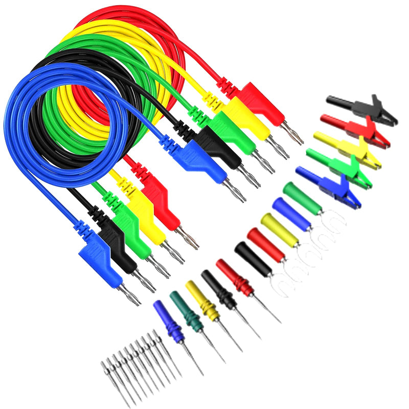 5PCS Male Banana Plug Silicone Test Leads Kit 5 Colors Silicone Lead Test Cable with Alligator Clips 4mm Fully Insulated Safety Shrouded Stackable Banana Connector for Multimeter