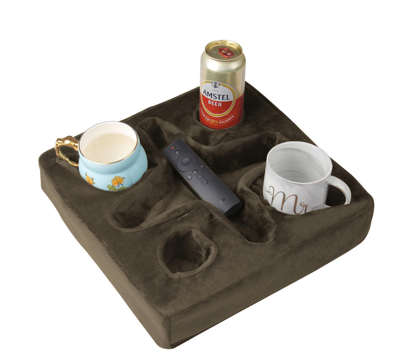 Couch and Bed Cup Holder Pillow, Sofa Refreshment Tray for Drinks/Remote Control/Snacks Holder (Brown) Brown