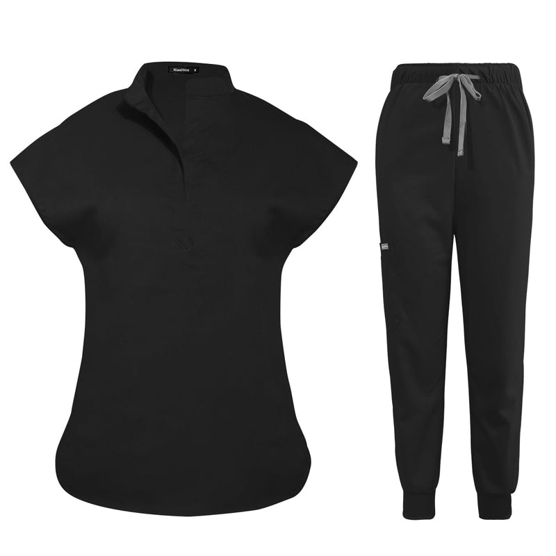niaahinn Scrubs Set for Women Nurse Uniform Jogger Suit Stretch Top & Pants with Multi Pocket for Nurse Esthetician Workwear Black Large