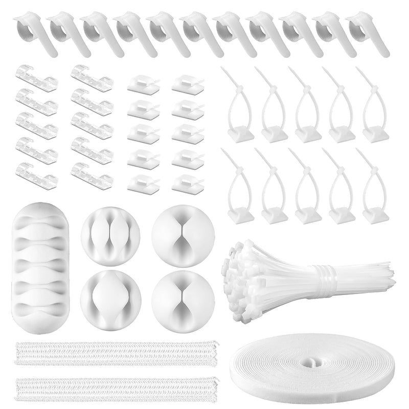 White Cable Management Organizer Kit, 2 Wire Sleeve Protector, 41 Self Adhesive Cable Clips Holder, 10pcs+2 Roll Reusable Cable Ties and 100 Cable Zip Ties for TV Computer Cord Tidy Under Desk White