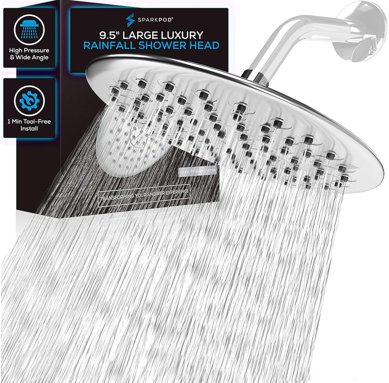 SparkPod 9.5 Inch Large Rain Shower Head - Luxury Rainfall Shower Head - High Pressure Showerhead, Full Body Coverage with Anti-Clog Silicone Nozzles -No Hassle, Easy Install (1/2 NPT, Chrome) 1 - Luxury Polished Chrome