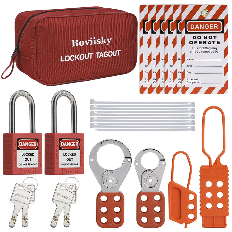 Lockout Tagout Kit with Red Safety Padlocks, Hasps Set, Loto Tags, Bag, Electrical Lock Out Tag Out Kits, Keyed Different, 2 Keys Per Locks 2 locks loto kit-Keyed Different