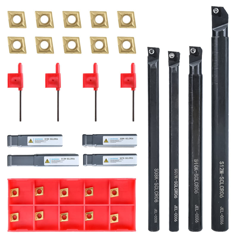 14 Pcs Lathe Boring Bar Set - 4 Pcs 95Degree S07K/ S08K/ S10K/ S12M-SCLCR06 Lathe Boring Internal Turning Bar Holde, 10 Pcs CCMT0602 Indexable Carbide Inserts and 4 Pcs T8 Wrench