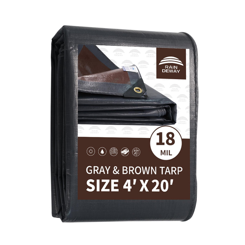 RAINDEWAY 4x20 Feet Super Heavy Duty Tarp 18 Mil, UV Resistant, Weatherproof, Multipurpose Waterproof Poly Tarp with Grommets and Reinforced Edges, Brown/Gray Tarp Gray/Brown 4'x20'-Finished Size