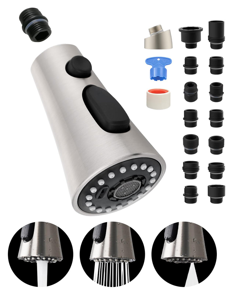 Universal Kitchen Faucet Head Replacement with 15 Adapter Kit Compatible with Kohler/Moen/Delta Faucet, 3 Function Pull Down Sink Faucet Spray Head, Brushed Nickel Acrylonitrile Butadiene Styrene (ABS)
