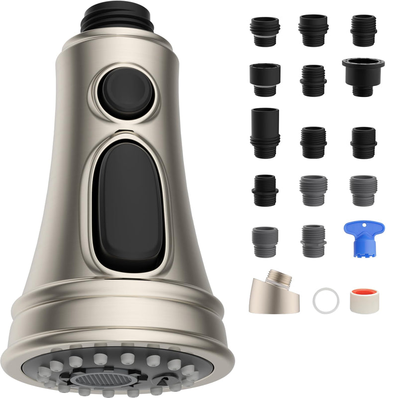 Hibbent Kitchen Faucet Head Replacement with Pull Down Spray Head, 3 Function Faucet Sprayer Nozzle - 15 Adapters Compatible with Moen, American Standard, Delta, Kohler - Brushed Nickel Stay on spray with hold button(common)