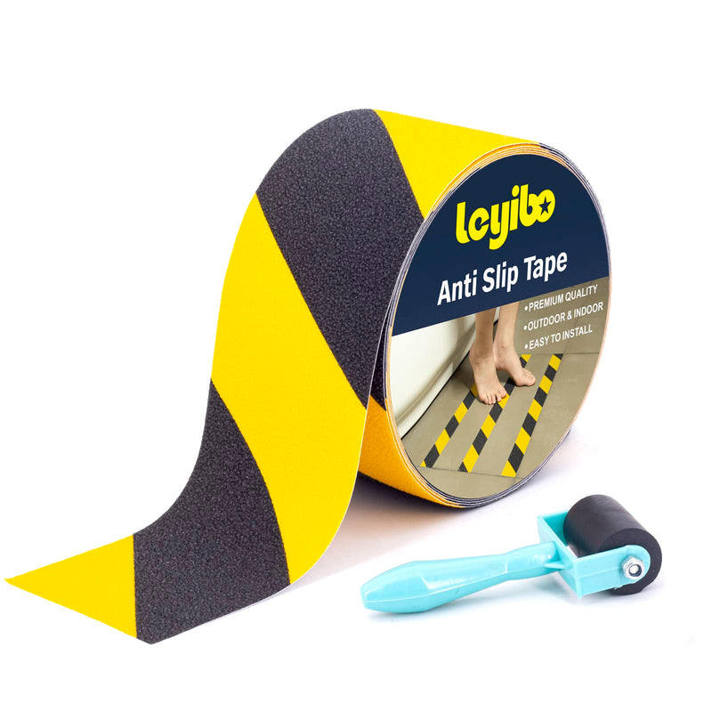 Anti Slip Tape with Roller, 3” x 35Ft, Non Slip Safety Grip Tape for Stair Step Outdoor/Indoor, Waterproof Non Skid Tape for Bathtub, Boat, Pool, Comfortable for Bare Feet, Caution Yellow/Black 3" x 35' + Roller Yellow and Black 1