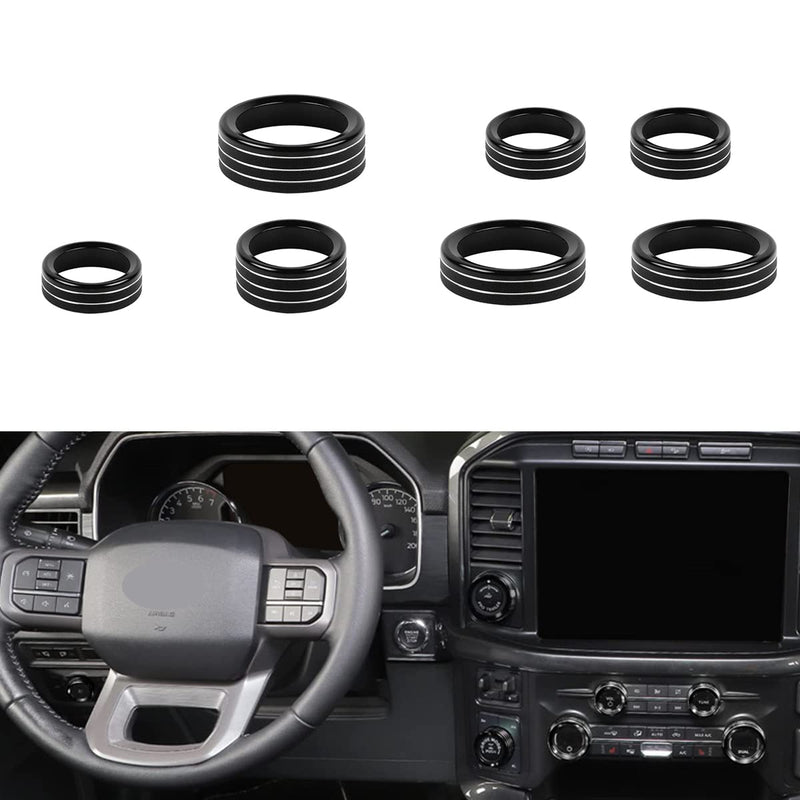 for Ford F150 2021 2022 2023 2024 2025 Knob Air Conditioner Switch & Trailer & 4WD & VOL & Headlight Button Ring Trim, Black Aluminum, 7pcs