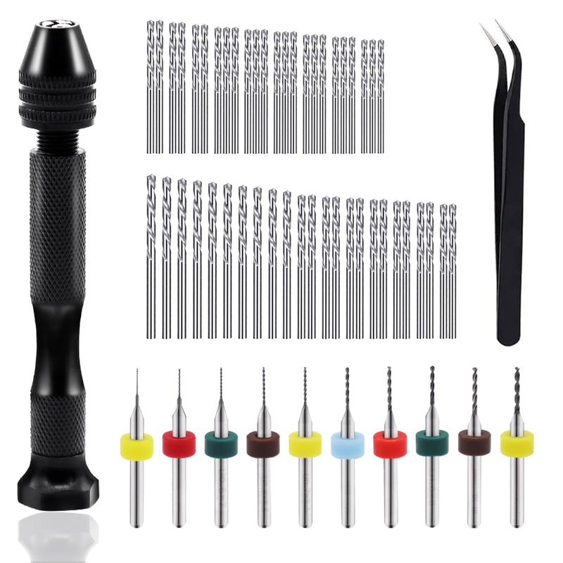 Dianrui 60PCS Pin Vise Hand Drill Set including Elbow Tweezers, 10PCS PCB Mini Drill Bits, and 48PCS 0.3-3.5mm Micro Twist Drill Bits, Used for Jewelry, DIY, Resin or Model Making Etc 60 set
