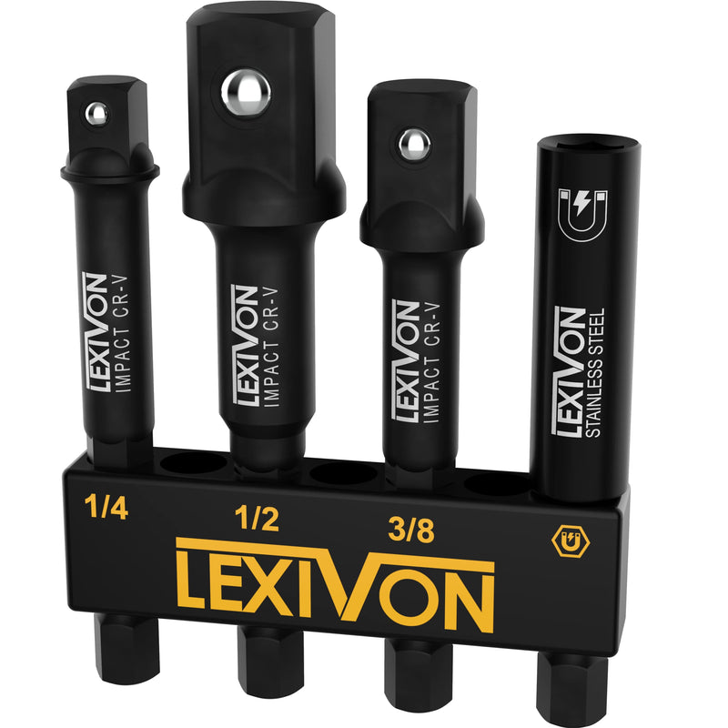 LEXIVON Impact Socket Adapter & Magnetic Bit Holder Set | 4 Pieces of 1/4-Inch Hex Shank Extension to 1/4", 3/8", and 1/2" Drive | Includes Organizer Rack (LX-104) 3 Adapters + Magnetic bit holder