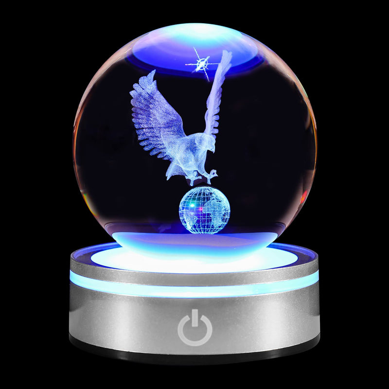 Eagle Gift 3D Crystal Ball with LED Light Base Unique Decor Glass Figurine Lamps Laser Engraved Nightlight for Best Friend Eagle Lovers Keepsake Paperweight