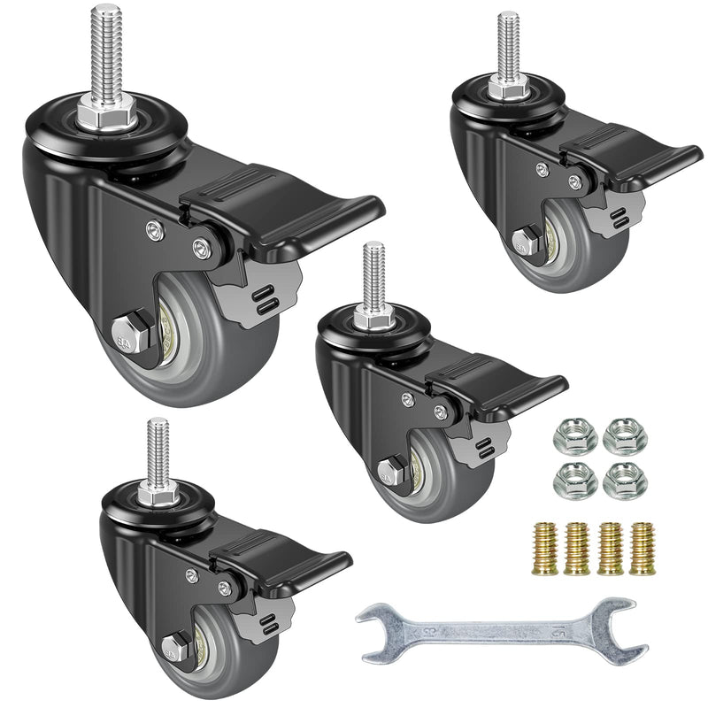 2 Inch Swivel Caster Wheels Set of 4, Metric M8-1.25 Threaded stem(Bolt Diameter 8mm, Length:1″) Durable Soft Rubber casters with Double Lock Mechanism, castors for Carpet Hardwood Floor. Grey TPR 2 inch