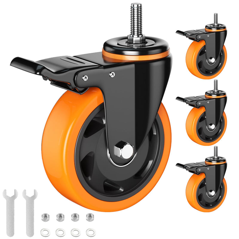 Stem Caster Wheels 4 Inch Heavy Duty Threaded Stem Casters UNC 3/8"-16 x 1 Swivel Casters Set of 4 with Safety Dual Locking Wheel for Furniture and Cart 3/8"-16x1"