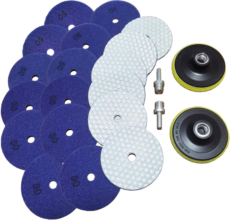 16 Packs Dry Diamond Polishing Pads Grit 50, 4 Inch Dry/Wet Granite Sanding Pad for Bufffing Marble Quartz Concrete Stone Tiles Used for Grinder Polisher Drill