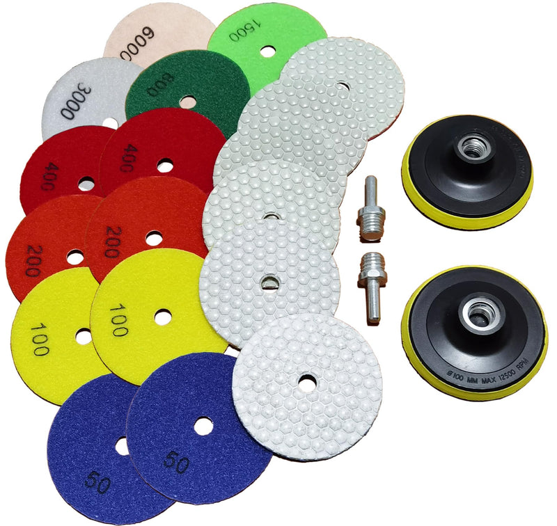 16 Packs Dry Diamond Polishing Pads Set, 4 Inch Dry/Wet Granite Bufffing Pad for Marble Quartz Concrete Stone Tiles - High Temperature Resistance Sanding Kit for Grinder Polisher Drill Set 1