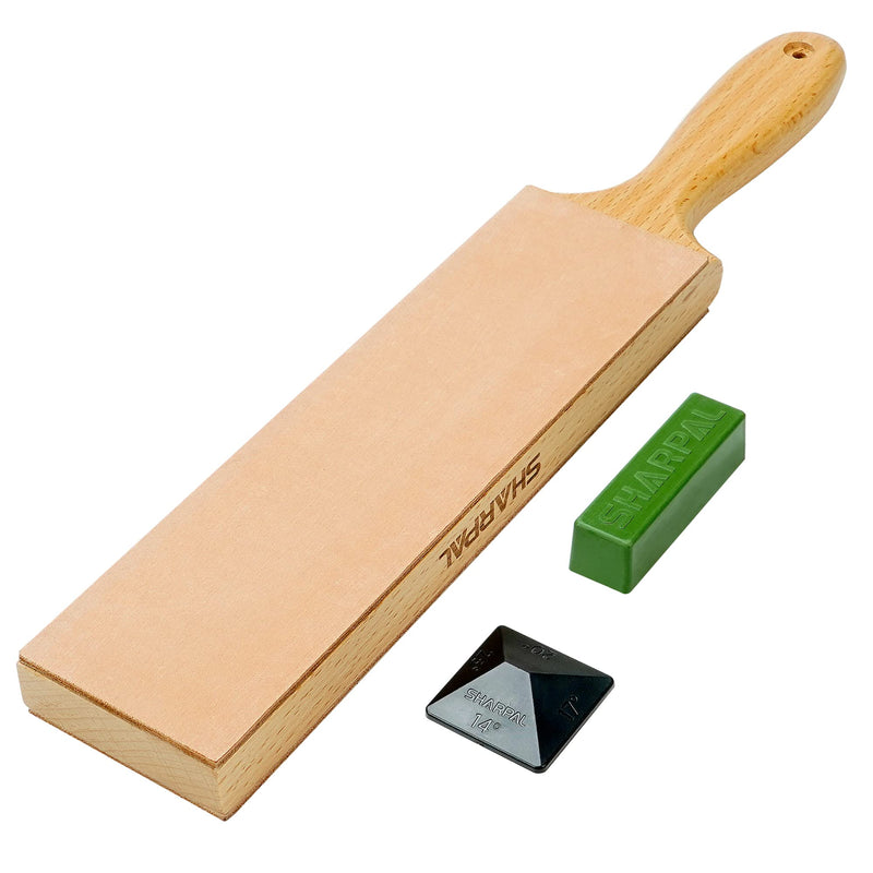 SHARPAL 205H Double-sided Leather Strop (Genuine Cowhide) 13.2" x 2.4" Kit with 2 Oz. Polishing Compound & Angle Guide, Knife Stropping Block for Sharpening & Honing Knives tools, Woodcarving Chisels Double-Sided Leather Strop with Compound