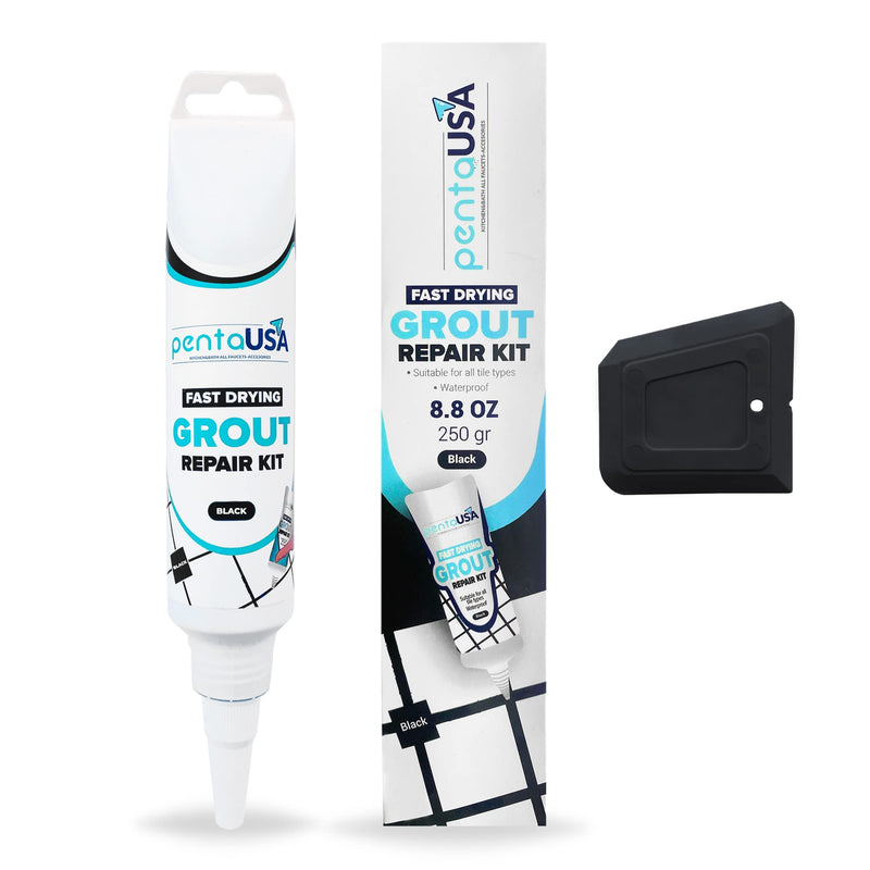 PentaUSA Tile Grout Repair Kit - Black Grout Filler, Triple Protection, Fast Drying Formula Restores and Renews Grout Lines with Grout Float (Black, 8.8oz / 250gr)