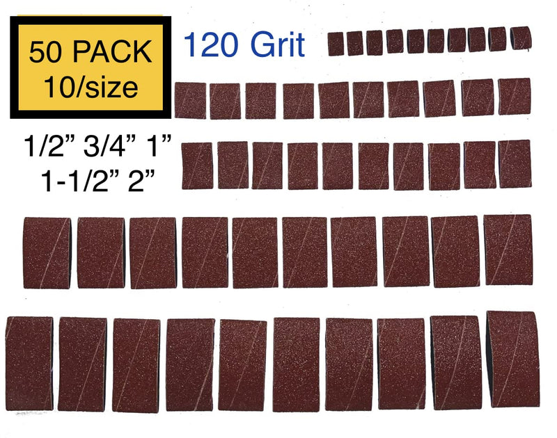 50 Pack 120 Grit Replacement Sanding Sleeves for Rubber Drum kit 1/2" 3/4" 1" 1-1/2" 2" Inch Aluminum Oxide Woodworking Drill Rotary Sander-Drum 1/4" Drive spindel Abrasive