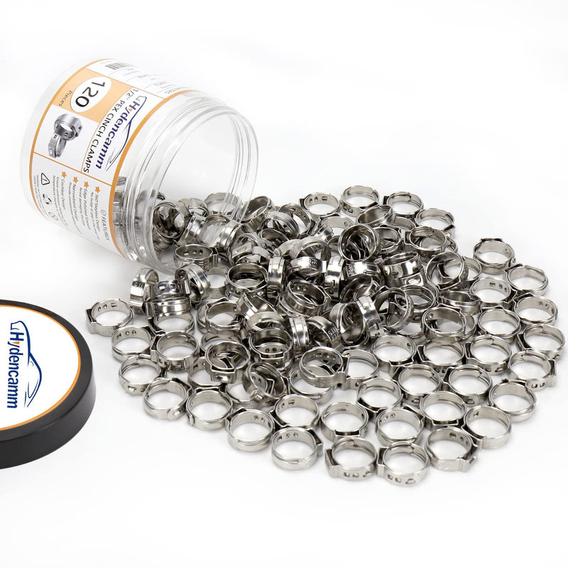 120 Pack 1/2 Inch PEX Cinch Clamps Rings, Premium 304 Stainless Steel Cinch Crimp Rings Pinch Clamps, Stepless Single Ear Hose Clamp for PEX Tubing Pipe Fitting Connections By Hydencamm (1/2"x120) 1/2"- 120pcs 1/2"