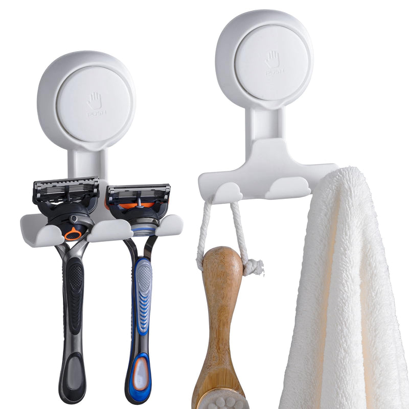 TAILI Suction Cup Razor Holder in Shower 2 Pack, Towel, Loofah, Shaver Holder for Bathroom Wall, Powerful Suction Cup Shower Hooks, Easy to Install and Reuse, White Razor Hook, White
