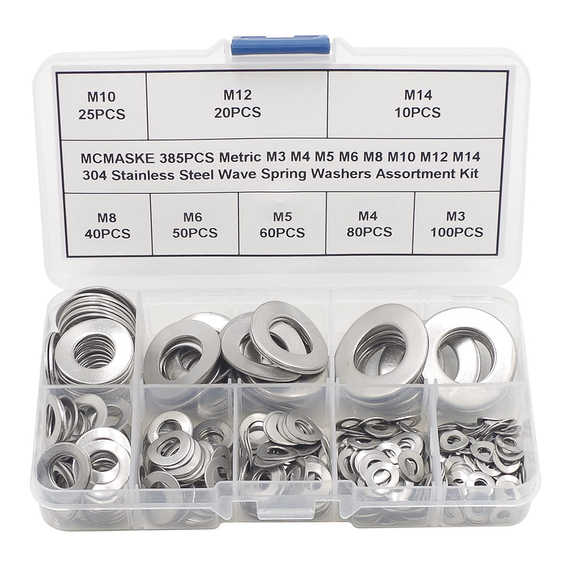 385PCS Metric M3 M4 M5 M6 M8 M10 M12 M14 304 Stainless Steel Wave Spring Washers Assortment Kit