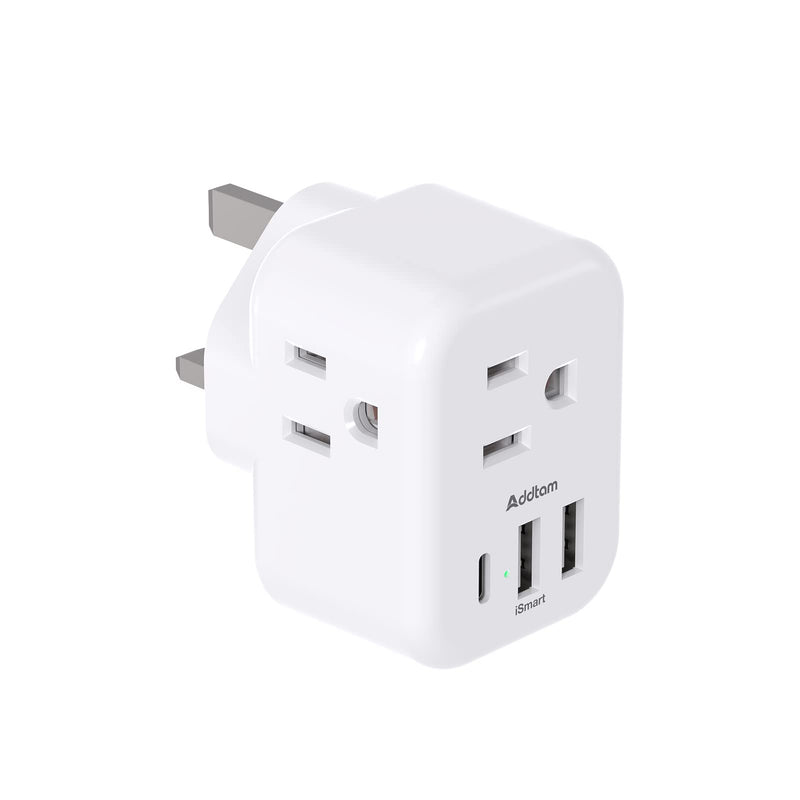 US to UK Ireland Plug Adapter, Addtam Type G Power Adapter with 3 AC Outlets and 3 USB(1 USB C), Travel Essentials for USA to Dubai Scotland British London England Hong Kong Irish Type G UK Ireland - 1 Pack