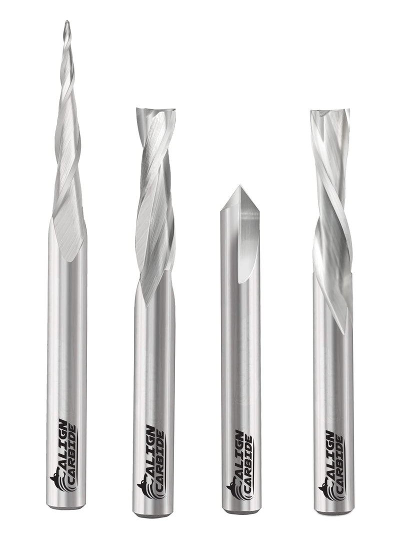 4-Piece CNC Starter Set, CNC Wood Carving Router Bits, Up Cut, Down Cut, 90° V-Groove, 1/32" Tapered Ball Nose, All 1/4 Inch Shank, Premium Solid Micro Grain Carbide.
