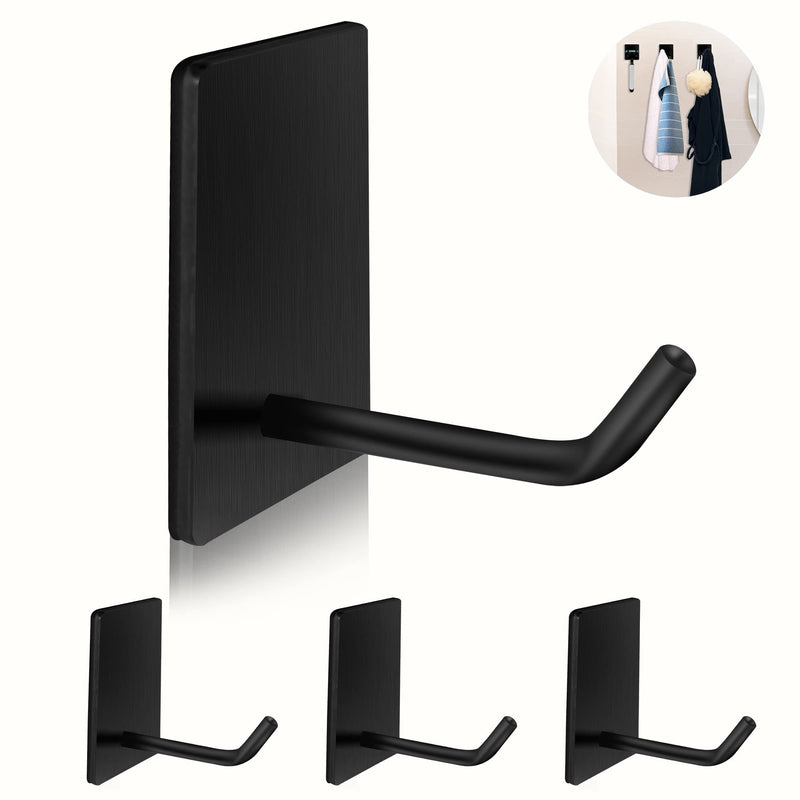 Adhesive Hooks Heavy Duty, Long Stainless Steel Self Adhesive Wall Hook, Sticky Towel Hangers for Kitchen Bathroom, Waterproof Stick on Door Hooks for Hanging Key Hat Coat 4Pack(Black) 4Black