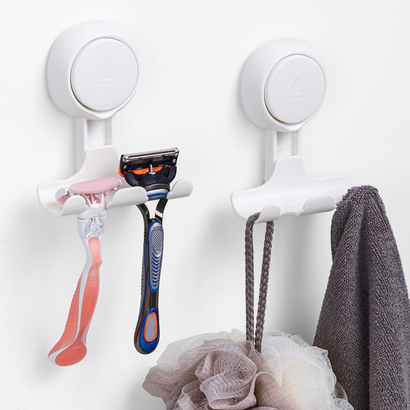 LEVERLOC Razor Holder for Shower 2 Pack, Powerful Suction Cup Shower Hooks for Towel, Loofah, Razor, Squeegee, Damage-Free Wall Hooks, Shaver Holder for Bathroom, Easy to Install and Reuse, White White, Round