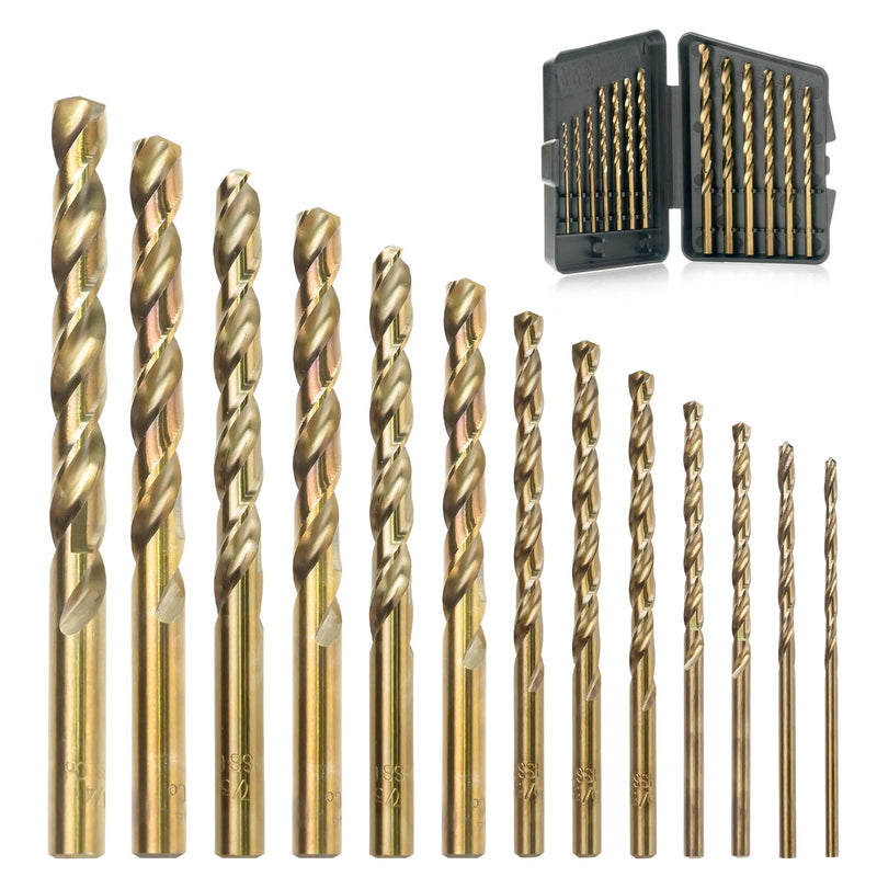 13Pcs Cobalt Drill Bits Set, M35 HSS 135 Degree Tip, Twist Jobber Length Drill Bit Kit for Hardened Metal, Cast Iron, Stainless Steel, Plastic and Wood with Storage Case 1/16"-1/4" 13 pcs Cobalt