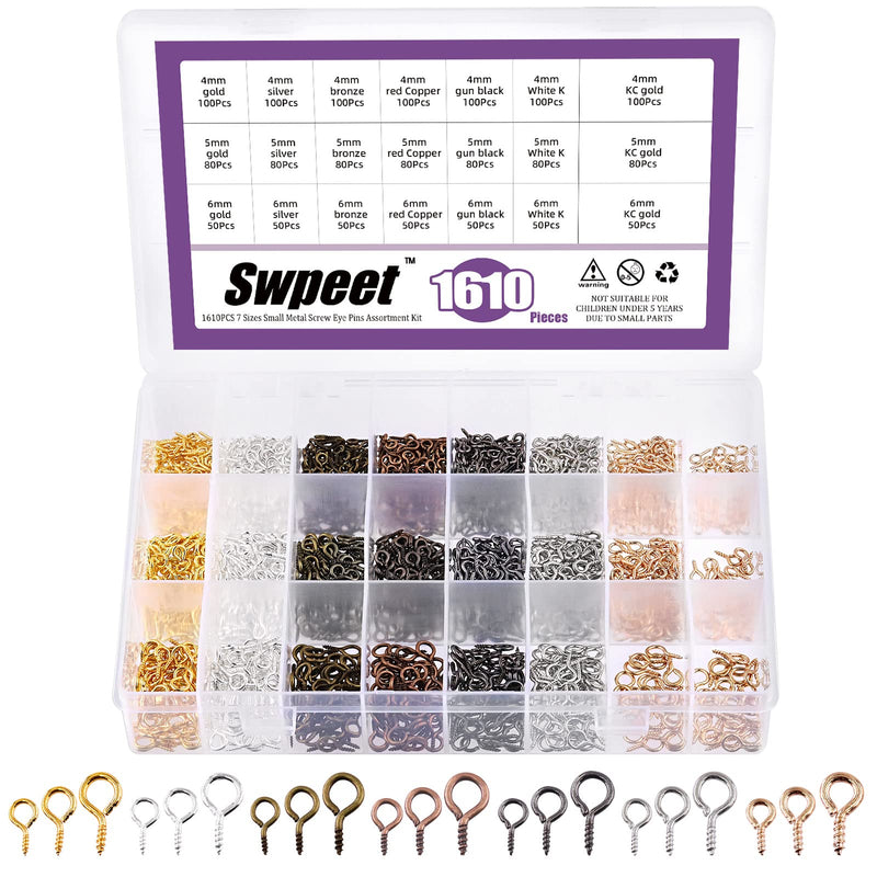 Swpeet 1610Pcs 0.16 Inch 0.2 Inch 0.24 Inch 3 Sizes Screw Eye Pins Metal Screw-in Eye Bolts Screw Eyes Hooks Kit, Small Screw Pins Mini Metal Eye Screw Crew Eyes Hooks Self-Tapping Screws Hooks