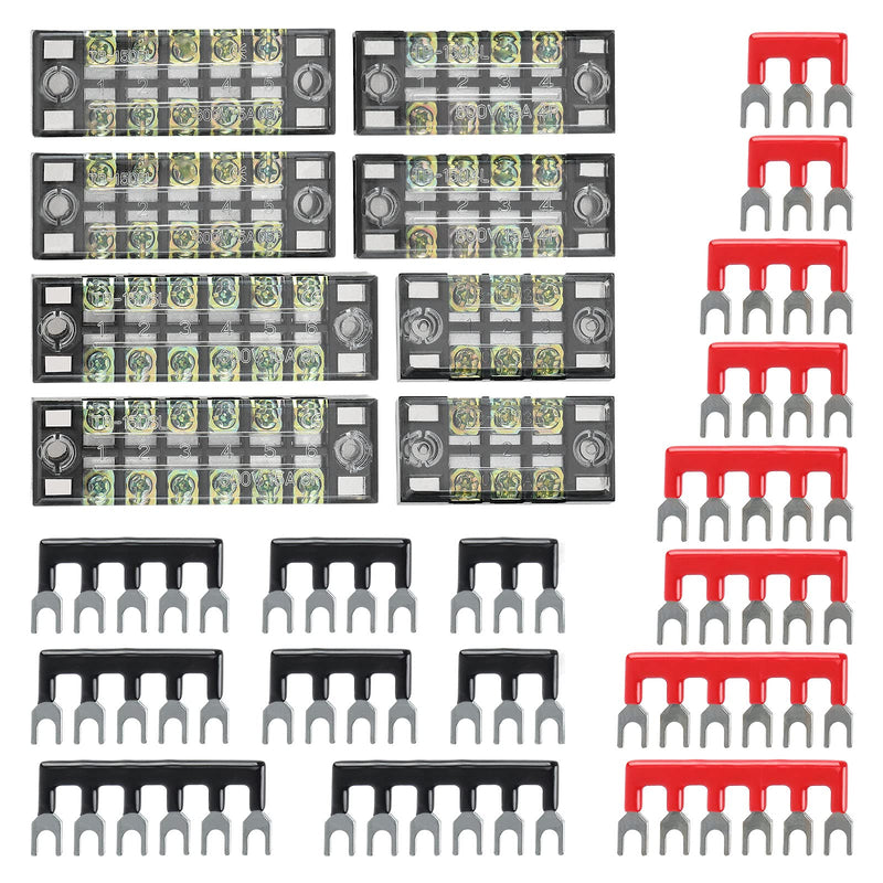 OCR 8 Sets Terminal Blocks, 8 Pcs 3/4/5/6 Positions 600V 15A Dual Row Screw Terminal Strip Blocks with Cover, 16 Pcs 600V 15A 3/4/5/6 Positions Pre-Insulated Terminals Barrier Strip (Black & Red) 15A 3/4/5/6P+Jumpers