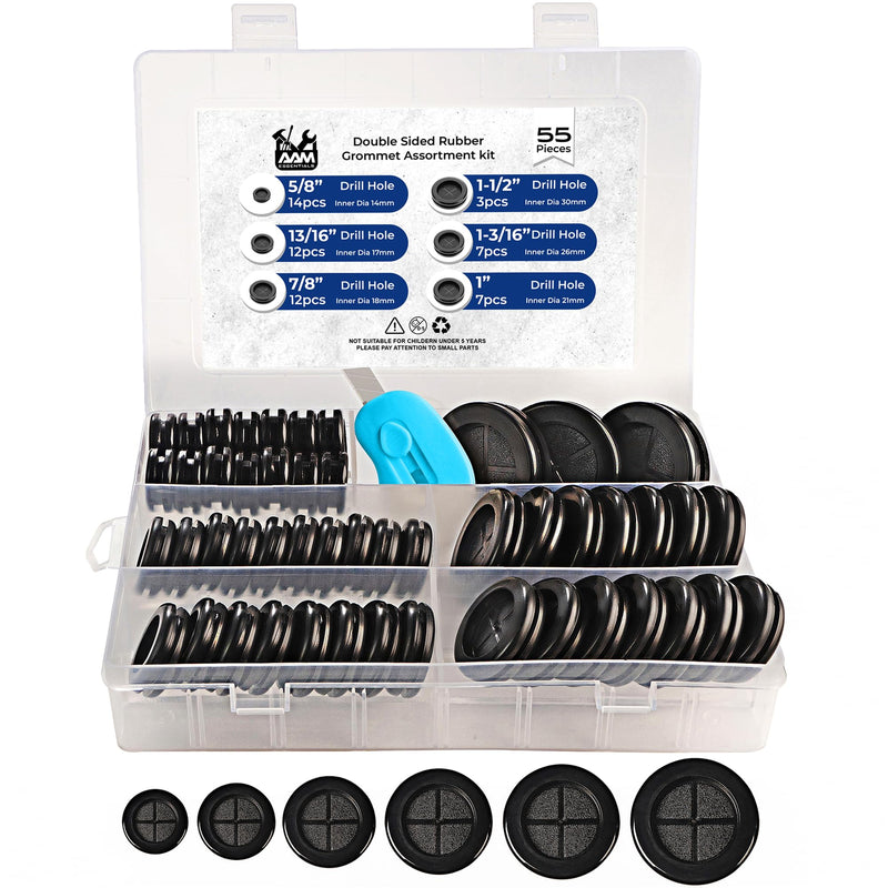 55Pcs Rubber Grommets for Wiring - Double-Sided Rubber Grommet Kit in 6 Assorted Sizes 5/8",13/16",7/8",1",1-3/16",1-1/2"- Firewall Grommet Automotive - Ideal Solution for Wire Protection (Black) 55PCS Double Sided