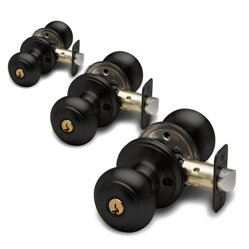 Copper Creek Colonial Entry Door Knob – Keyed Entry Handle with Lock and Key, ANSI Grade-3 Certified, DIY-Friendly Install for Interior and Exterior Entrance Doors – Matte Black (3 Pack) 3 Pack