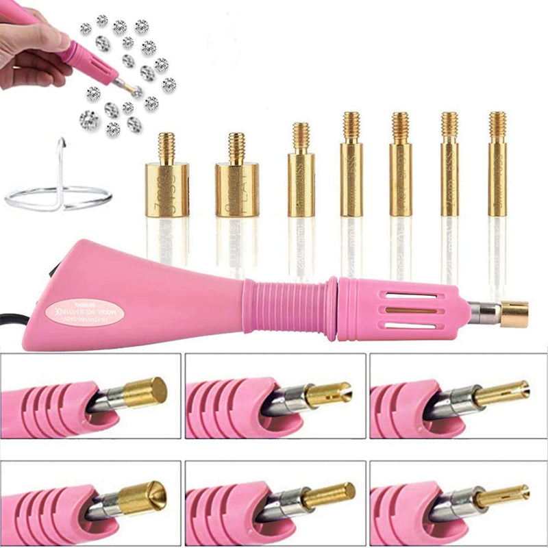 Hotfix Rhinestone Applicator, 7 in 1 Professional Iron-on DIY Hot Fix Tool Rhinestone Setter Applicator Wand Crystal Gem Tool Kit with 7 Different Sizes Tips, Support Stand (Pink) Pink