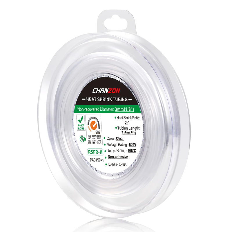 Chanzon 2:1 Ratio 1/8" (3mm) Heat Shrink Tubing 8Ft Roll (2.5M Total Length) Clear/Transparent Polyolefin Sleeving Wrap Shrinking 2 to 1 1pcs 3mm (1/8") - 8FT Transparent