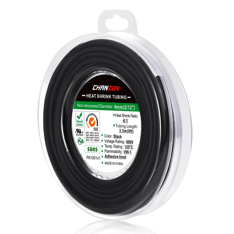 Chanzon 4:1 Ratio 5/32" (4mm) Heat Shrink Tubing - Marine Grade Waterproof Adhesive Lined - 8Ft Roll (2.5M Total Length) Black Polyolefin Sleeving Wrap Shrinking 4 to 1 Ratio 1pcs 4mm (5/32") - 8FT