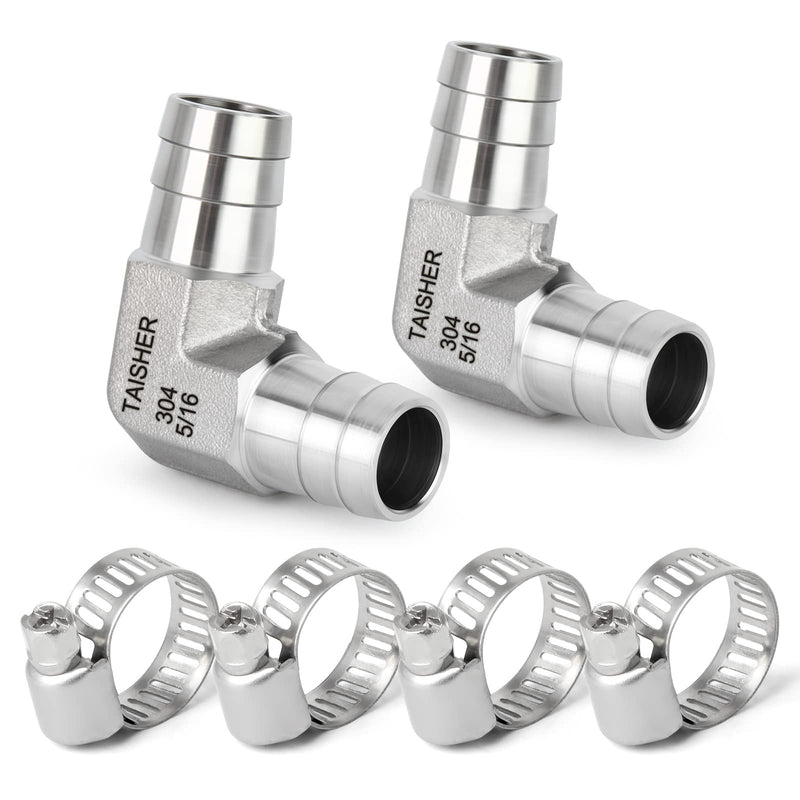 TAISHER 2PCS 304 Stainless Steel 90 Degree Elbow Hose Barb Fittings 5/16" Barb x 5/16" Barb for Fuel/AIR/Lquid/Gas with 4PCS Hose Clamp 5/16" Barb x 5/16" Barb（90 Degree） 2