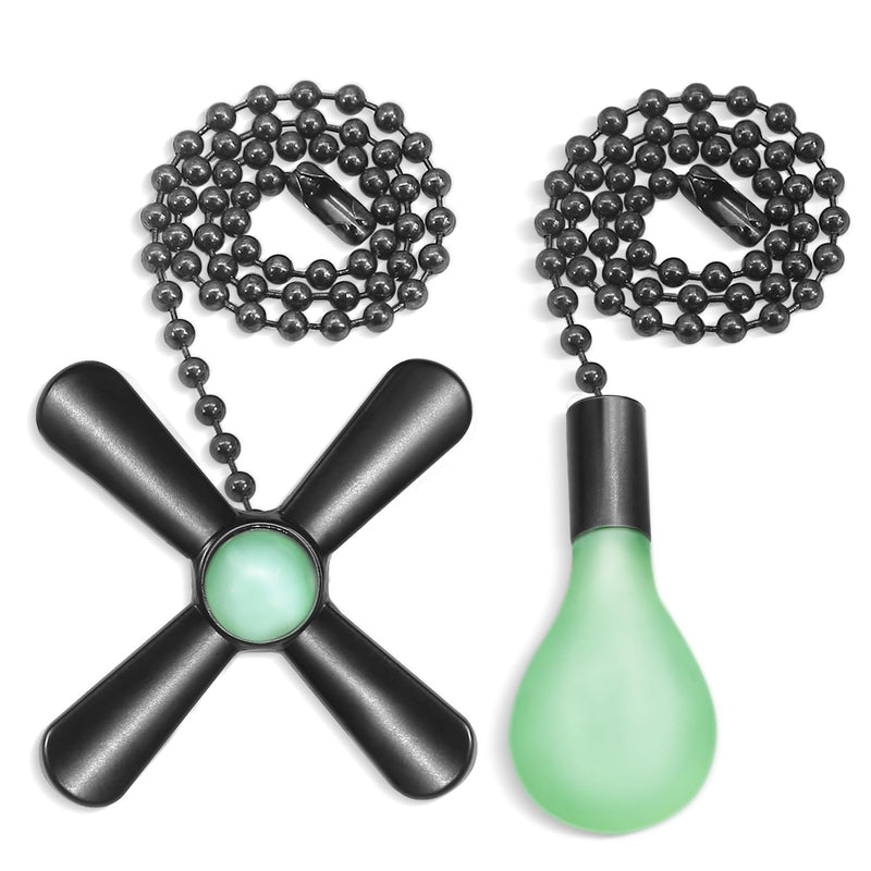 Black Ceiling Fan Pull Chain Set, 2Pack 3mm Diameter Beaded Fluorescent Decorative Pendant Extension, 12in Lighting & Fan Chain Extender with Connector Glow in The Dark(Black) 2 Black